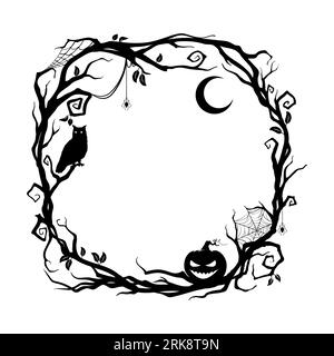 Cornice nera per le festività di Halloween con silhouette del gufo seduto su un ramo d'albero, una mezzaluna, zucca jack-o-lantern, ragno e ragnatele. vecto isolato Illustrazione Vettoriale