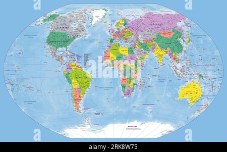 Mappa del mondo politico lingua tedesca proiezione Winkel-Tripel Illustrazione Vettoriale