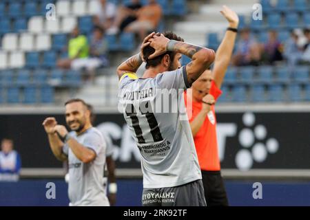 Gent, Belgio. 24 agosto 2023. Giorgi Kvilitaia dell'APOEL sembra depresso durante una partita di calcio tra il belga KAA Gent e il cipriota APOEL FC Nicosia, giovedì 24 agosto 2023 a Gent, la prima tappa dei play-off per la UEFA Europa Conference League. BELGA PHOTO KURT DESPLENTER Credit: Belga News Agency/Alamy Live News Foto Stock