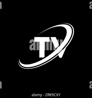 Logo TV T V Letter. Lettera iniziale del logo rosso e blu del monogramma in maiuscolo del cerchio collegato alla TV. Logo TV, design T V. tv, t v Illustrazione Vettoriale