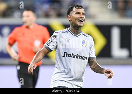 Gent, Belgio. 24 agosto 2023. Il Marquinhos dell'APOEL sembra depresso durante una partita di calcio tra il belga KAA Gent e il cipriota APOEL FC Nicosia, giovedì 24 agosto 2023 a Gent, la prima tappa dei play-off per la UEFA Europa Conference League. BELGA PHOTO TOM GOYVAERTS Credit: Belga News Agency/Alamy Live News Foto Stock