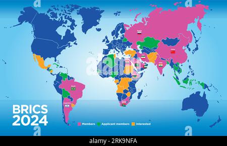 I paesi BRICS mappano nel 2024 con nuovi membri, organizzazione economica internazionale, illustrazione vettoriale Illustrazione Vettoriale
