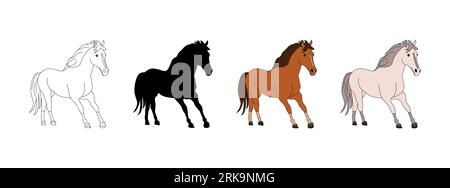Horse in cartoon. Silhouette, outline, coloring bay, white horse. Isolated vector. Wild, domestic horse. Postcard, emblem, badge, equestrian club, hip Illustrazione Vettoriale