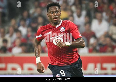 Jonathan DAVID di Lille durante la UEFA Europa Conference League, play-off, partita di calcio di andata tra il LOSC Lille e l'HNK Rijeka il 24 agosto 2023 allo stadio Pierre Mauroy di Villeneuve-d'Ascq vicino Lille, in Francia Foto Stock