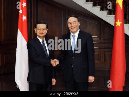 Bildnummer: 54246035 Datum: 23.07.2010 Copyright: imago/Xinhua (100723) -- PECHINO, 23 luglio 2010 (Xinhua) -- il vice Premier cinese Wang Qishan (R) stringe la mano al vice primo ministro singaporiano Wong Kan Seng a Pechino, capitale della Cina, 23 luglio 2010. Wang Qishan e Wong Kan Seng hanno partecipato alla settima riunione del Consiglio congiunto Cina-Singapore per la cooperazione bilaterale, alla dodicesima riunione del Consiglio direttivo congiunto Cina-Singapore e alla terza riunione del Consiglio direttivo congiunto Cina-Singapore Tianjin Eco-City a Pechino venerdì. (Xinhua/li Tao) (mcg) (1)CINA-SINGAPORE-BILATER Foto Stock