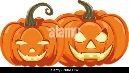 Due zucche jack o lanterna con facce su di esse. Zucca di Halloween. Elemento di design per Halloween, il Ringraziamento e il festival del raccolto. Verdure dietetiche Illustrazione Vettoriale
