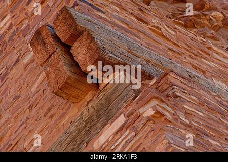 Close-up of timbers used in sandstone masonry construction of  San Gregorio de Abo II church in Salinas Pueblo Missions National Monument Stock Photo