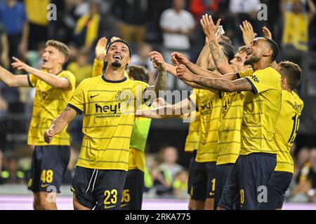 Bruxelles, Belgio. 24 agosto 2023. Cameron Puertas Castro festeggia dopo aver vinto una partita di calcio tra il belga Royale Union Saint Gilloise e lo svizzero FC Lugano, giovedì 24 agosto 2023 a Bruxelles, la prima tappa dei play-off per la UEFA Europa League. BELGA PHOTO LAURIE DIEFFEMBACQ Credit: Belga News Agency/Alamy Live News Foto Stock