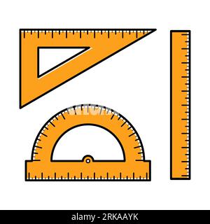 Set di elementi di cancelleria: Goniometro, set quadrato, righello con scala. Concetto di ritorno a scuola. Illustrazione vettoriale isolata in stile doodle in linea. Illustrazione Vettoriale