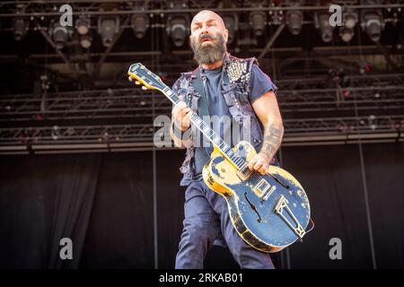 Solvesborg, Svezia. 9 giugno 2023. La band punk rock americana Rancid esegue un concerto dal vivo durante il festival svedese Sweden Rock Festival 2023 a Solvesborg. Qui il cantante e chitarrista Tim Armstrong è visto dal vivo sul palco. (Foto: Gonzales Photo - Terje Dokken). Foto Stock