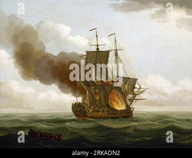 The 'Luxborough Galley' on fire, 25 June 1727 circa 1727 by John Cleveley the Elder Stock Photo
