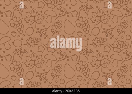 autumn seamless pattern with leaves, hazelnuts, grapes, pears, plums, and musrooms- vector illustration Stock Vector
