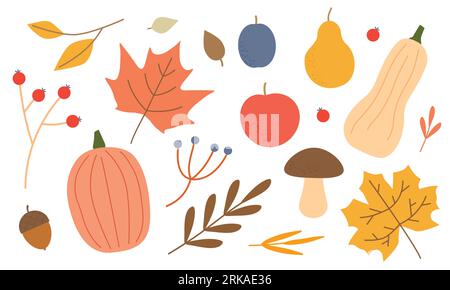 autumn icons collection: pumpkin, leaves, apple, pear, plum, acorn, berries, musroom and others floral elements- vector illustration Illustrazione Vettoriale