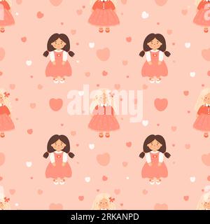 Simpatico motivo per bambini senza cuciture. Belle bambole in abito su sfondo rosa con cuori. Illustrazione vettoriale in stile cartone animato. Collezione bambini romantici Illustrazione Vettoriale