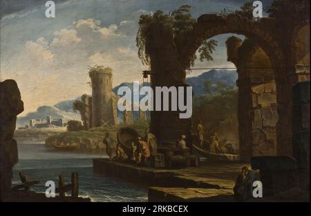 Mediterranean port with high, ruinous and overgrown archway, round tower and aquaduct in the background 17th century or 18th century by Clemente Spera Stock Photo