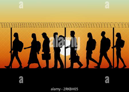 Immigrazione. Sagome di persone che camminano lungo la recinzione perimetrale con filo spinato in cima al tramonto, illustrazione Foto Stock