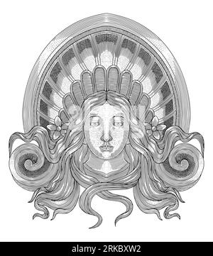 Donna rinascimentale con capelli a onde lunghe e cornice a conchiglia, illustrazione vettoriale in stile disegno con incisione Vintage Illustrazione Vettoriale