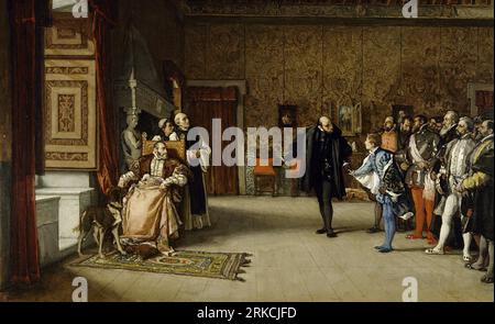 La presentazione di Juan de Austria all'imperatore Carlos V a Yuste. 1868 o 1869 di Eduardo Rosales Foto Stock