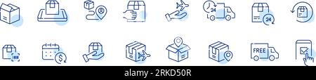 Set di icone di distribuzione casuale. Tracciamento, scansione di codici a barre, restituzione e spedizione gratuita. Icona Pixel Perfect Illustrazione Vettoriale