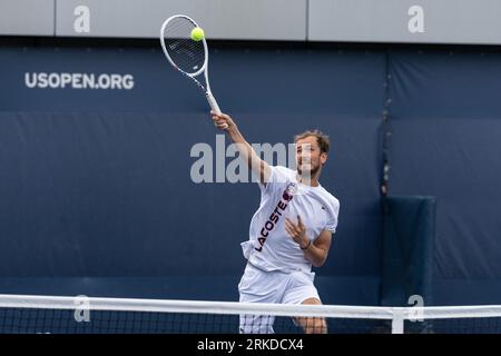 New York, USA. 24th Aug, 2023. Daniil Medvedev returns ball during practice for US Open Championships at Billy Jean King Tennis Center in New York on August 24, 2023. (Photo by Lev Radin/Sipa USA) Credit: Sipa USA/Alamy Live News Stock Photo