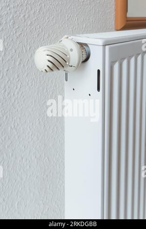 Dettaglio del termostato spento, manopola della temperatura del radiatore di riscaldamento. Risparmio energetico e concetto di casa calda, costi di vita. Foto Stock