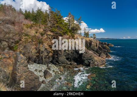 La costa presso il faro di Shweinham Point si affaccia sullo stretto di Juan de Fuca, sull'isola di Vancouver, British Columbia, Canada. Foto Stock