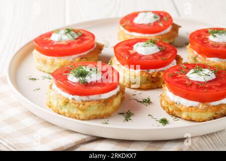 Zucchine fritte con pomodoro, aneto, maionese e salsa all'aglio da vicino in un piatto sul tavolo. Orizzontale Foto Stock