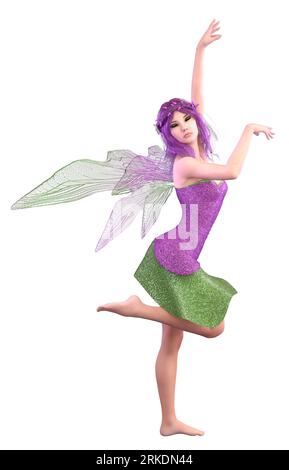 Magica fata in costume verde viola con ali, illustrazione 3D. Foto Stock