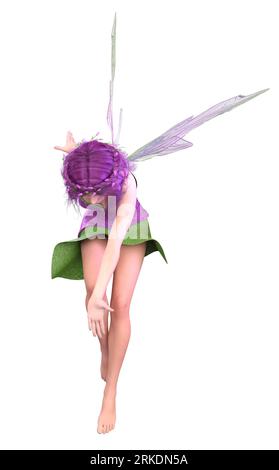 Magica fata in costume verde viola con ali, illustrazione 3D. Foto Stock