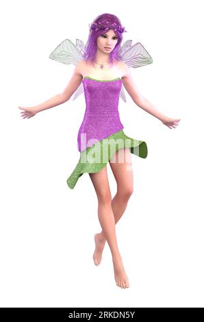 Magica fata in costume verde viola con ali, illustrazione 3D. Foto Stock