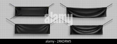 Blank canvas banners mockup. Horizontal fabric flags, textile sheet hanging on ropes. Empty black cloth placards with folds isolated on transparent ba Stock Vector