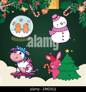 Set di illustrazioni vettoriali di Natale e Capodanno. Simpatici personaggi dei cartoni animati. Illustrazione Vettoriale