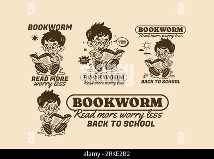 Bookworm, leggi di più preoccuparti di meno, illustrazione vintage di un bambino seduto e leggendo un libro Illustrazione Vettoriale