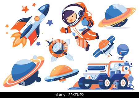 Set disegnato a mano di astronauti e oggetti spaziali in stile piatto, isolato sullo sfondo Illustrazione Vettoriale