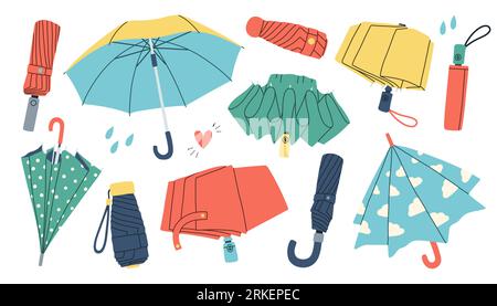 Set di ombrelli aperti, chiusi e ripiegati. Accessori per la protezione dalla pioggia con manici di design diverso, tipo. Illustrazione Vettoriale