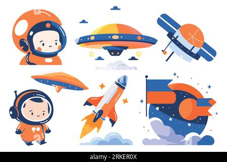 Set disegnato a mano di astronauti e oggetti spaziali in stile piatto, isolato sullo sfondo Illustrazione Vettoriale