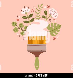 Pennello con fiori. Dipingi la tua vita da solo. Poster artistico sulla motivazione. Per il design della maglietta con striscione per poster. Illustrazione Vettoriale