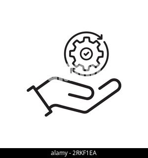 hand holding gear like optimize system icon. linear trend modern simple digital perform logotype graphic stroke design web element isolated on white. Stock Vector