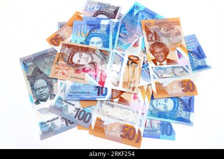 Pila di banconote in dollari della Banca centrale dei Caraibi Orientali del 2019 Emission Vertical Format Polymer Foto Stock