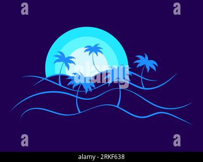 Linea il contorno del paesaggio con palme e sole che sorge su uno sfondo blu. Paesaggio tropicale estivo in stile minimalista. Design per la stampa t-shi Illustrazione Vettoriale