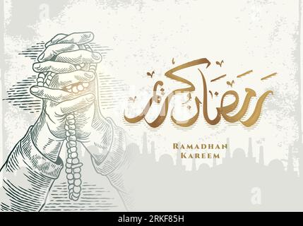 Biglietto d'auguri Ramadan Kareem con mano di preghiera. La calligrafia araba significa "Holly Ramadan". Illustrazione vettoriale con disegno elegante di uno schizzo disegnato a mano. Illustrazione Vettoriale