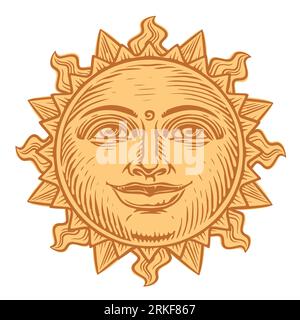Sole giallo con volto sorridente e raggi. Giorno di sole, alba, simbolo del mattino. Illustrazione vettoriale Illustrazione Vettoriale