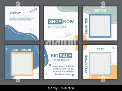 Modelli di post sui social media dai colori pastello impostati con spazio per foto. Sfondi astratti in stile minimalista con colori pastello blu e arancione per app mobili Illustrazione Vettoriale