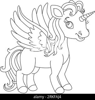 Tuffati nel mondo di Unicorn Coloring Book Magic, fantastico animale. Bianco e nero, lineare, immagine. Per la progettazione di libri da colorare, stampe, poster Illustrazione Vettoriale