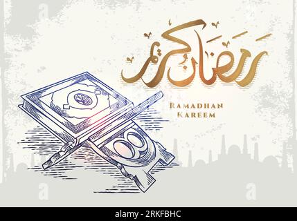 Biglietto d'auguri Ramadan Kareem con disegno a mano del libro corano holly. Design decorativo islamico per la celebrazione della comunità musulmana. calli arabo Illustrazione Vettoriale