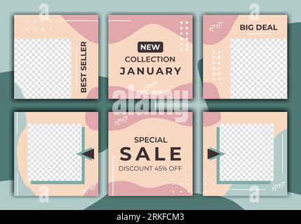 Set di modelli di banner di vendita per post sui social media. Illustrazione minimalista modificabile con vettore su sfondo trasparente. Promozione estiva. Illustrazione Vettoriale