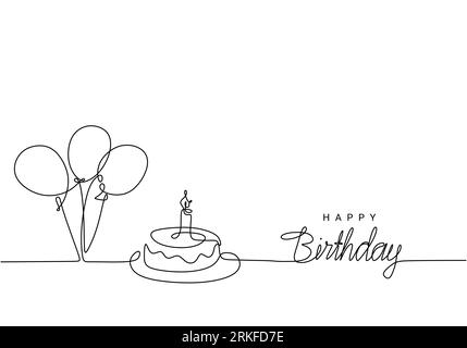 Happy Birthday continuous line drawing, handwritten lettering with symbolic party balloon and birthday cake. One hand drawn minimalist style. Stock Vector