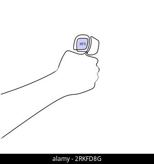 Linea continua per termometro a pistola con impugnatura a mano. Una linea di mani con pistola termometrica isolata su sfondo bianco. Illustrazione Vettoriale