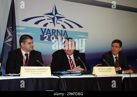 Bildnummer: 55402852  Datum: 27.05.2011  Copyright: imago/Xinhua VARNA (BULGARIA), May 27, 2011 (Xinhua) -- NATO Parliamentary Assembly President, Dr Karl A. Lamers (C), the Head of the Bulgarian Delegation to the NATO Parliamentary Assembly Dobroslav Dimitrov(L), and the NATO Parliamentary Assembly Secretary General David Hobbs (R), attend a press briefing for NATO Parliamentary Assembly s Spring Session, May 27, 2011. The 2011 NATO Parliamentary Assembly s Spring Session kicked off on Friday in Varna, Bulgaria. The four-days session will bring together some 250 parliamentarians from the 28 N Stock Photo