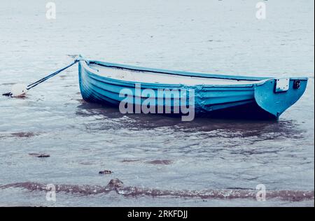 A small vessel moored at a beach in a shallow body of water. Foto Stock